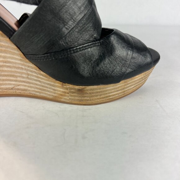 Seychelles Sandals Womens 8.5 Black Leather Wedge Stacked Heel Criss‎ Cross - Picture 14 of 15